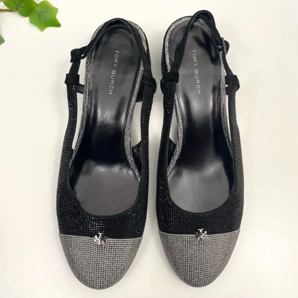 Tory Burch Cap Toe Pave Slingback Heels in Black Silver Size 7